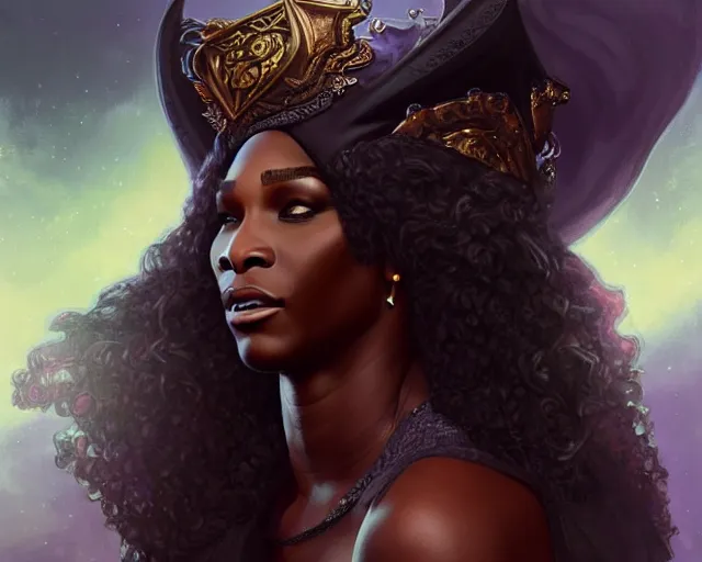 Image similar to mindblowing, serena williams as a female warlock, black wizard hat, robes, deep focus, d & d, fantasy, intricate, elegant!!, beautiful, highly detailed, digital painting, artstation, concept art, matte, sharp, illustration, hearthstone, art by artgerm and greg rutkowski and alphonse mucha