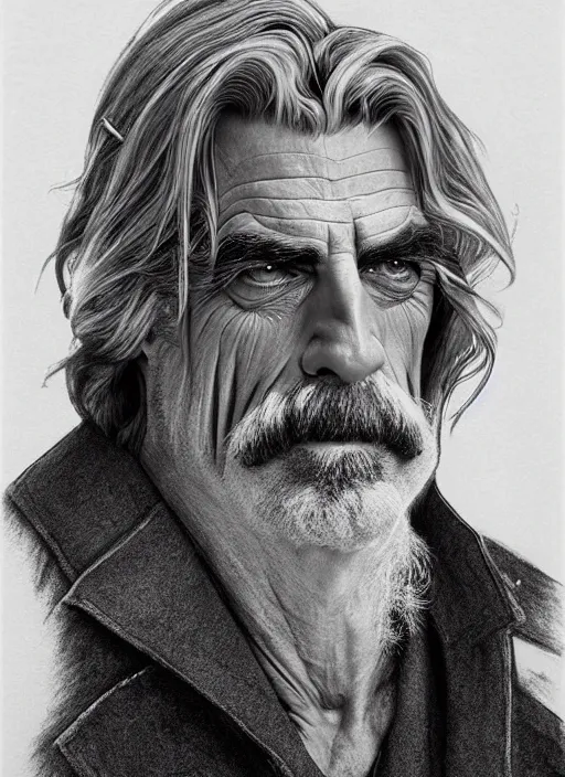 Image similar to hyperrealist pencil sketch of sam elliott as dracula by david malan and alphonse mucha, fantasy art, pencil hatching, dynamic lighting, artstation, poster, volumetric lighting, very detailed faces, 4 k, award winning