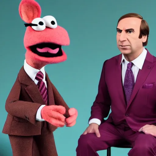 Image similar to saul goodman as a muppet. dark suit with pink dress shirt. highly detailed felt. hyper real photo. 4 k.