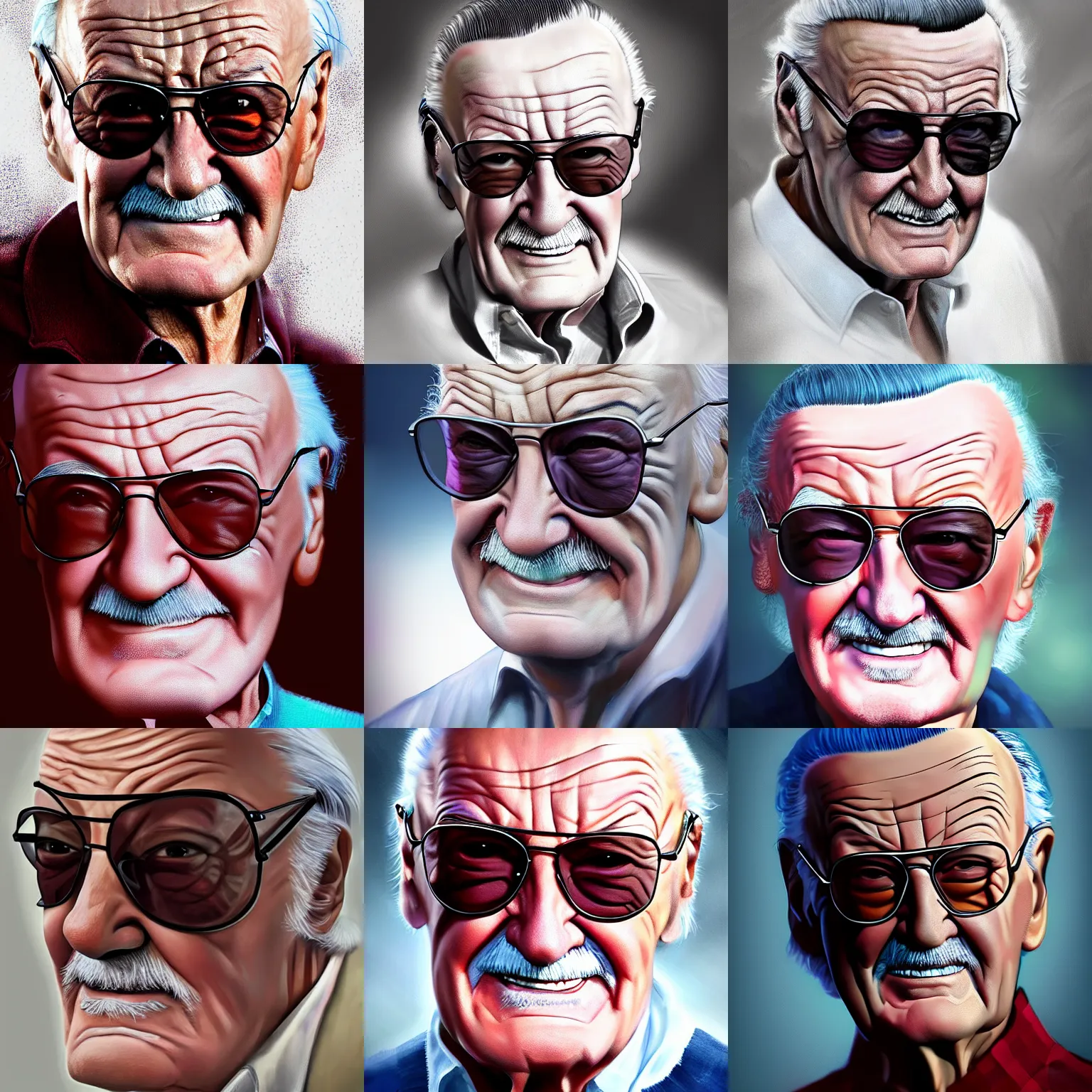 Prompt: epic professionally painted digital art portrait of Stan Lee, best on artstation, cgsociety, wlop, Behance, pixiv, sakimichan, artstationhd, instagram, commissioned art, outstanding, epic, cinematic, stunning, concept artwork, high detail, masterpiece.