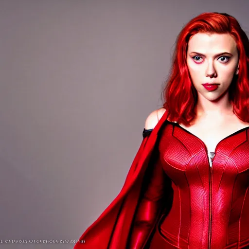 Image similar to scarlett johansson dressed as the scarlet witch, photographic portrait, studio lighting