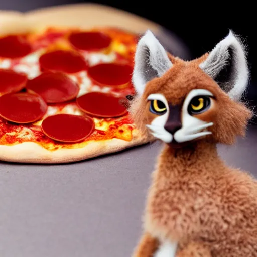 Prompt: a macro photo of cute fluffy caracal toy and a slice of pizza, cheese and pepperoni, hyper realistic, hyper detailed, 35mm, very grainy film, volumetric studio lighting, bokeh, black background award winning shot, vogue magazine, cinematic, 8k, very closeup, elegant, tender, pastel