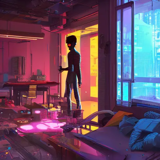 Image similar to the cyberpunk apartment, render, octane, 4k, highly detailed, vivid colors, high definition, by James Gilleard and Makoto Shinkai and Victo Ngai