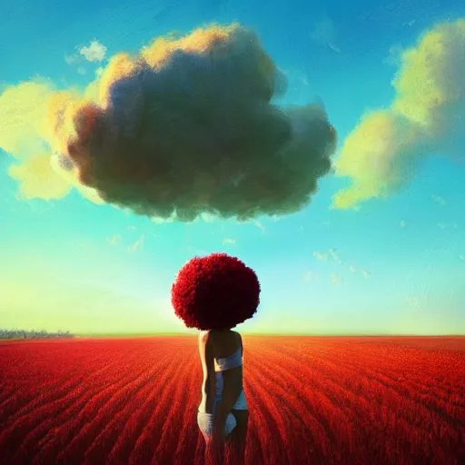 Image similar to giant red carnation afro head, full body, girl walking in the middle of a wheat field, surreal photography, hills, sunrise dramatic light, impressionist painting, colorful clouds, digital painting, pointillism, artstation, simon stalenhag