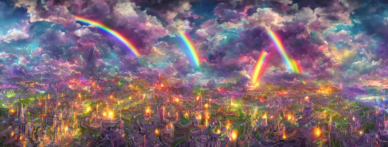 Prompt: a zoomed out panoramic view an army of rainbow soul calvary screaming into the abyss. hyperrealistic anime background illustration by irakli nadar, colorful, extremely detailed intricate linework, smooth, super sharp focus, bright colors, high contrast, matte, octopath traveler, unreal engine 5 highly rendered, global illumination, radiant light