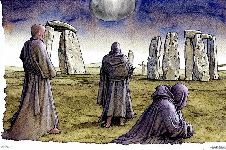 Image similar to a realistic and atmospheric watercolour fantasy concept art of a ufo landing in stonehenge. one dirty medieval monk in grey robes is pointing up at the ufo. muted colors. by rebecca guay, michael kaluta, charles vess and jean moebius giraud