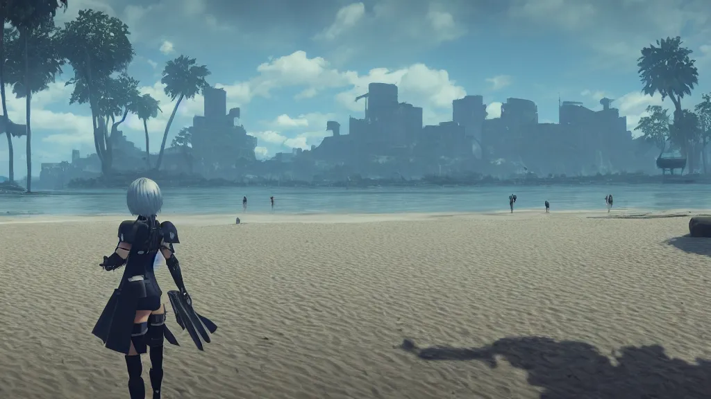 Image similar to Screenshot from Nier Automata, beautiful landscape at a beach