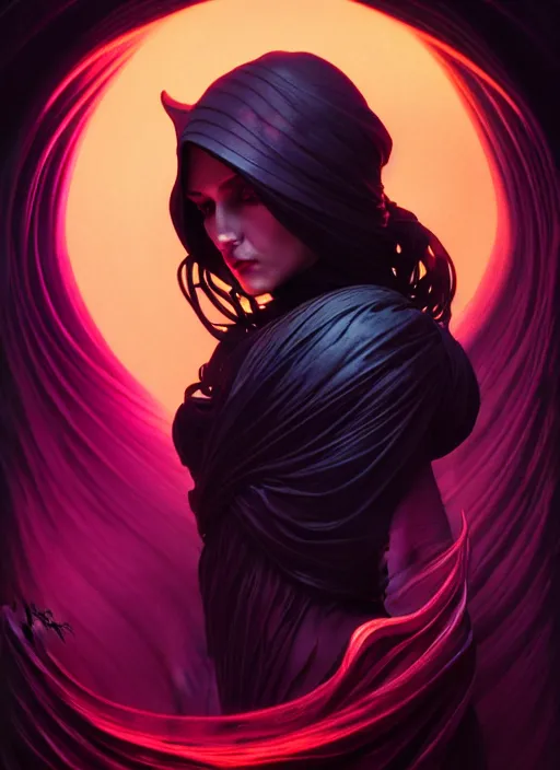 Image similar to side portrait, dark witch with black hood and evil eyes, gloomhaven, soft, smooth, luminescent, art nouveau tarot, backlit glow, colorful swirly ripples, gaudy colors, aesthetic octane render, unreal engine, 8 k, by artgerm, greg rutkowski, alphonse mucha