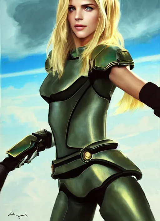 Image similar to portrait of a combination of Ashley Greene, Katheryn Winnick, Victoria Justice and Adriana Dxim, Grace Kelly, Emma Watson and Lily Collins with blonde hair wearing Samus' Armor from Metroid, countryside, calm, fantasy character portrait, dynamic pose, above view, sunny day, thunder clouds in the sky, artwork by Jeremy Lipkin and Giuseppe Dangelico Pino and Michael Garmash and Rob Rey and Greg Manchess and Huang Guangjian, very coherent asymmetrical artwork, sharp edges, perfect face, simple form, 100mm