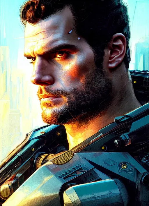 Image similar to portrait of Henry Cavill as a soldier character in Cyberpunk 2077, looking at camera, intricate, elegant, sci-fi, extremely detailed, digital painting, artstation, concept art, smooth, sharp focus, illustration, ambient lighting, incredible art by artgerm and greg rutkowski and alphonse mucha and simon stalenhag