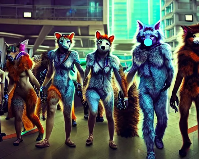 Image similar to high - resolution photograph from a biopunk era furry fandom convention ( midwest furfest 2 0 4 7 ), taking place after the genetic revolution and singularity. photorealistic.