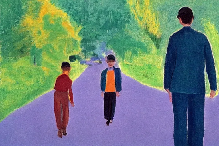 Image similar to a very tall man named John with dark hair holding the hands of a short young boy named Alex with dark hair as they walk down a suburban highway on a bright beautiful colorful day. part in the style of an edgar degas painting. part in the style of david hockney