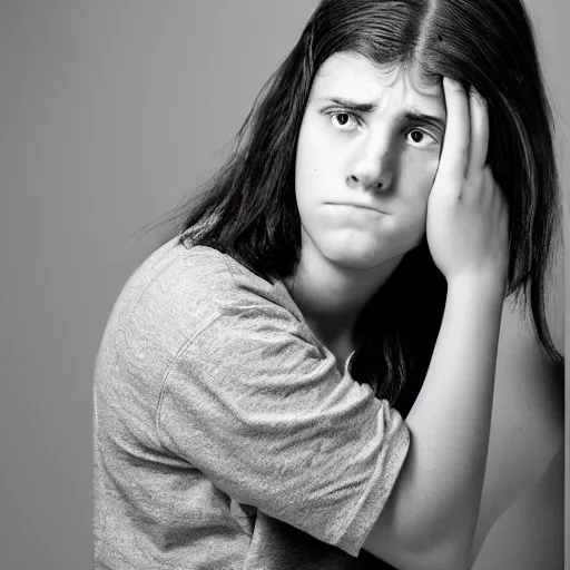 Image similar to portrait of depressed teen, helmet hair, ugly