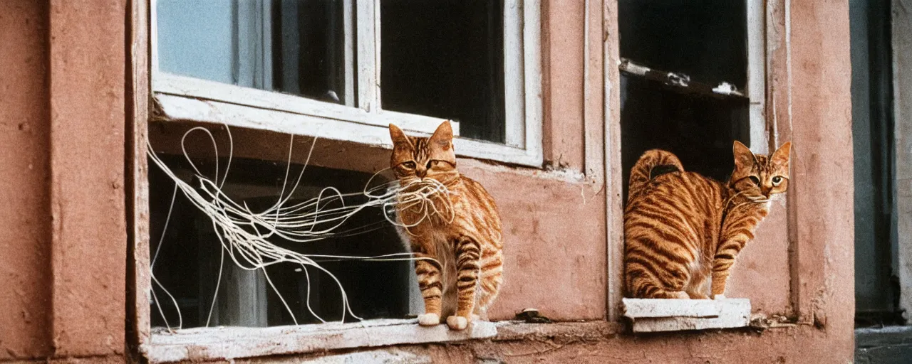 Image similar to only 1 cat playing with spaghetti on a windowsill, city apartment, small details, intricate, sharply focused, canon 5 0 mm, wes anderson film, kodachrome