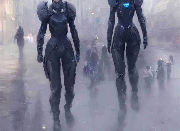 Image similar to girl wearing futuristic space armor walking on a street in prague, official art, by charlie bowater, by jeremy lipking, realistic expressive digital art, gorgeous attractive face, cgscociety