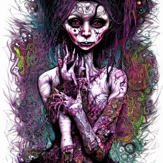 Prompt: fine detail, black ink & copic markers, vibrant muted colors, disturbing grunge still of a [ lovecraftian demon infested ] [ living dead doll ], [ mystic, shamanic and psychedelic lsd trippy dreamy art ], by arthur adams, by tom bagshaw, by henry asencio, by kikuchi hideyuki