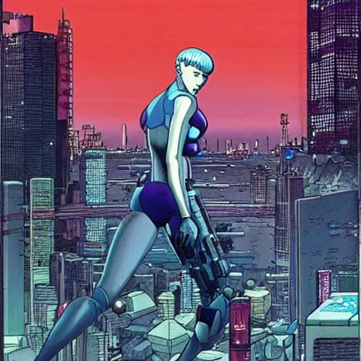 Prompt: Ghost in the shell. Moebius, cyberpunk, masterpiece