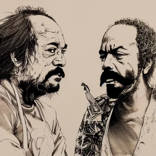 Image similar to portrait of cheech and chong, concept art, sumi - e style, intricate linework, artstation, trending, highly detailed, smooth, focus, art by yoji shinkawa,