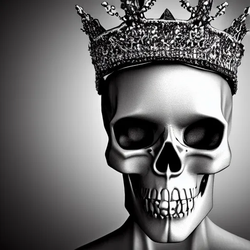 Image similar to skull queen with an origami crown, hints of silver jewelry, gothic, eerie, intricate detail, dramatic lighting, mist, grey, 8k