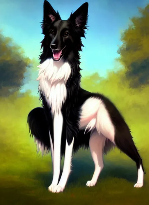 Image similar to wide angle beautiful full body portrait of a cute anthropomorphic anthro male border collie fursona with two legs posing in front of a park, character design by charlie bowater, henry asencio, and ross tran, furry art, furaffinity, scenic background, beautiful, glamor pose, detailed, aesthetic, trending on artstation