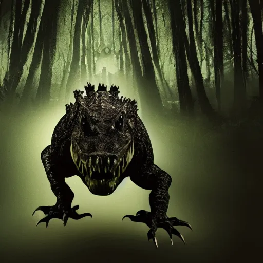 Image similar to werecreature consisting of a alligator and a human, werealligator, photograph captured in a dark forest