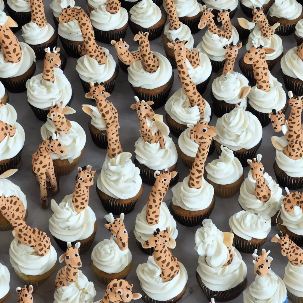 Prompt: two giraffes dressed in suits eating cupcakes