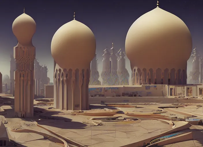 Prompt: a cyberpunk mosque in arabia by paolo eleuteri serpieri and tomer hanuka and chesley bonestell and daniel merriam and tomokazu matsuyama, unreal engine, high resolution render, featured on artstation, octane, 8 k, highly intricate details, vivid colors, vector illustration