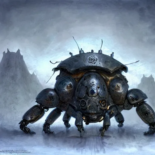 Prompt: giant armored ashigaru beetle war construct golem glowing gnostic brian froud markings magic and steam - punk inspired in an ancient stone circle on a plateau in a blizzard concept painting by jessica rossier, hr giger, john berkey