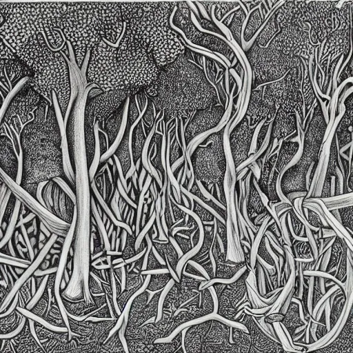 Image similar to an intricate drawing of the australian bush by mc escher, line art, celtic, illustration