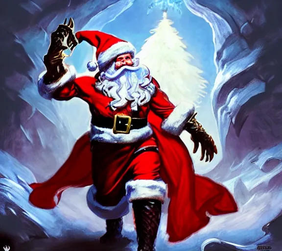 Prompt: magic : the gathering fantasy character concept art of the great lobster wearing a santa outfit by franz frazetta and marco bucci, high resolution. a clear portrait of powerful lobster wearing a santa outfit, magical christmas wonderland in background, fantasy coloring, intricate, digital painting, artstation, smooth, sharp focus