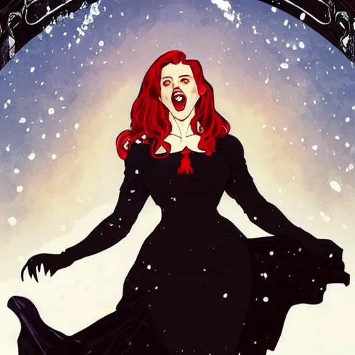 Image similar to Rafeal Albuquerque comic art, Joshua Middleton, Alphonse Mucha, pretty female Amy Adams, full entire body fun pose, scary vampire, fully black eyes no pupils, sharp vampire teeth smile open mouth, sarcastic evil smile, horror symmetrical face, symmetrical eyes, black Victorian dress, long curl red hair, outside in snow snowing