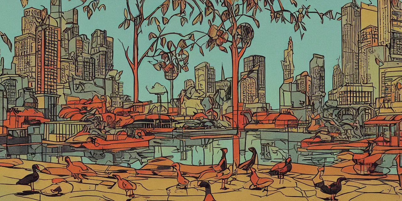 Image similar to comic book style, art deco era, landscape, city, park, ducks