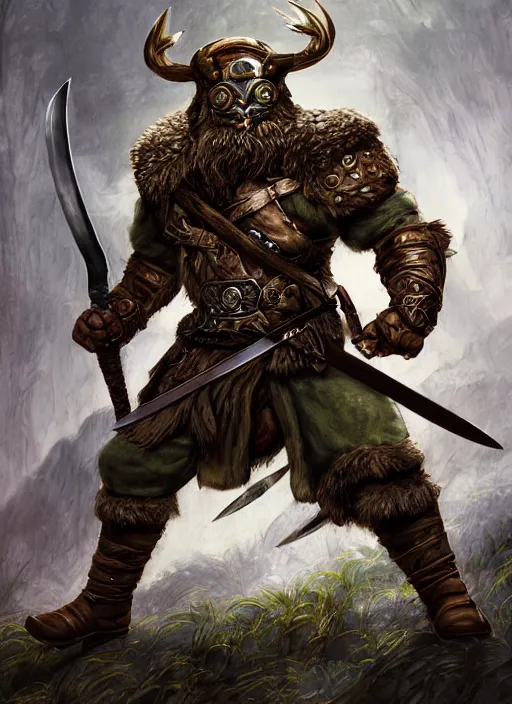 Image similar to strong young man, photorealistic bugbear ranger holding aflaming sword, black beard, dungeons and dragons, pathfinder, roleplaying game art, hunters gear, jeweled ornate leather and steel armour, concept art, character design on white background, by alan lee, norman rockwell, makoto shinkai, kim jung giu, poster art, game art