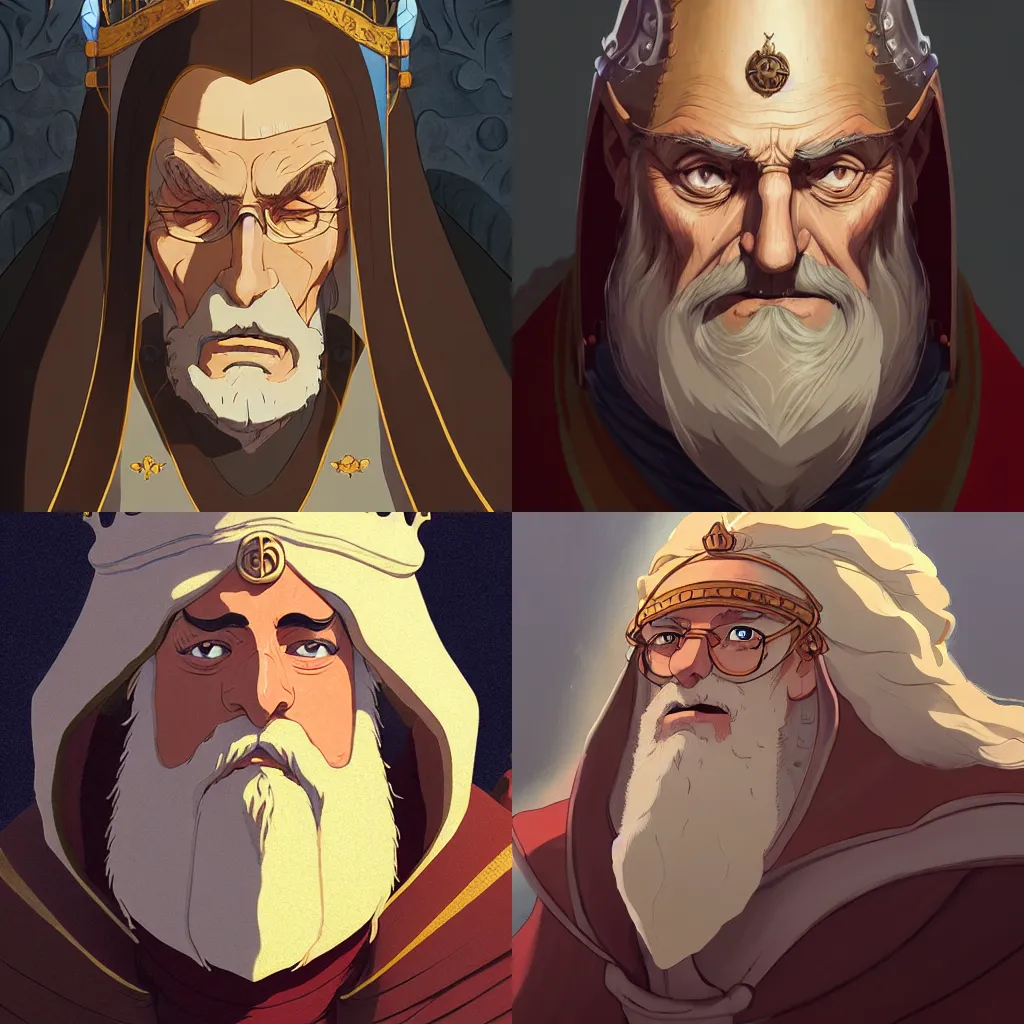 Prompt: portrait of medieval old king, artstation, detailed cartoon, elegant, digital painting, concept art, smooth, sharp focus, illustration, ghibli, makoto shinkai, don bluth, fujita goro, tom whalen, giraud, akihiko yoshida, moebius, 8 k