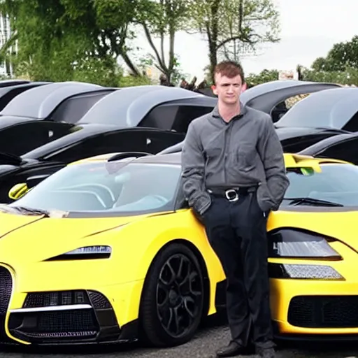 Image similar to an army of andrew tates standing next to a bugatti.