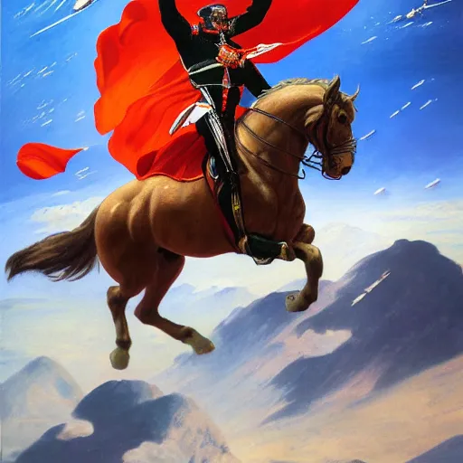 Image similar to An ultra realistic portrait painting of Napoleon Bonapart flying in space in the style of Frank Frazetta, 4k, Ultra realistic, Highly detailed, Dark fantasy, Epic lighting