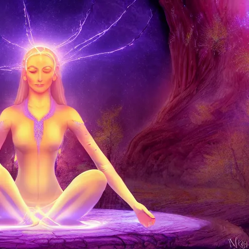 Image similar to glowing cracks, elven princess, meditating, peaceful, levitating, powerful, blossoming, lotus pose, zen, glowing, fractal background, ascending, detailed, realistic, digital art, fantasy, trending on artstation, cinematic, movie clip