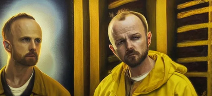 Image similar to an ultra detailed beautiful oil painting of jesse pinkman and heisenberg from breaking bad, both with a yellow lab coat, the school of athens by raphael