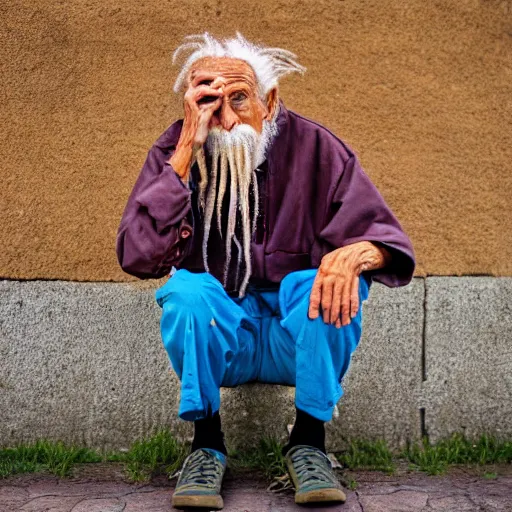 Image similar to elderly man with spaghetti dreadlocks, canon eos r 3, f / 1. 4, iso 2 0 0, 1 / 1 6 0 s, 8 k, raw, unedited, symmetrical balance, wide angle