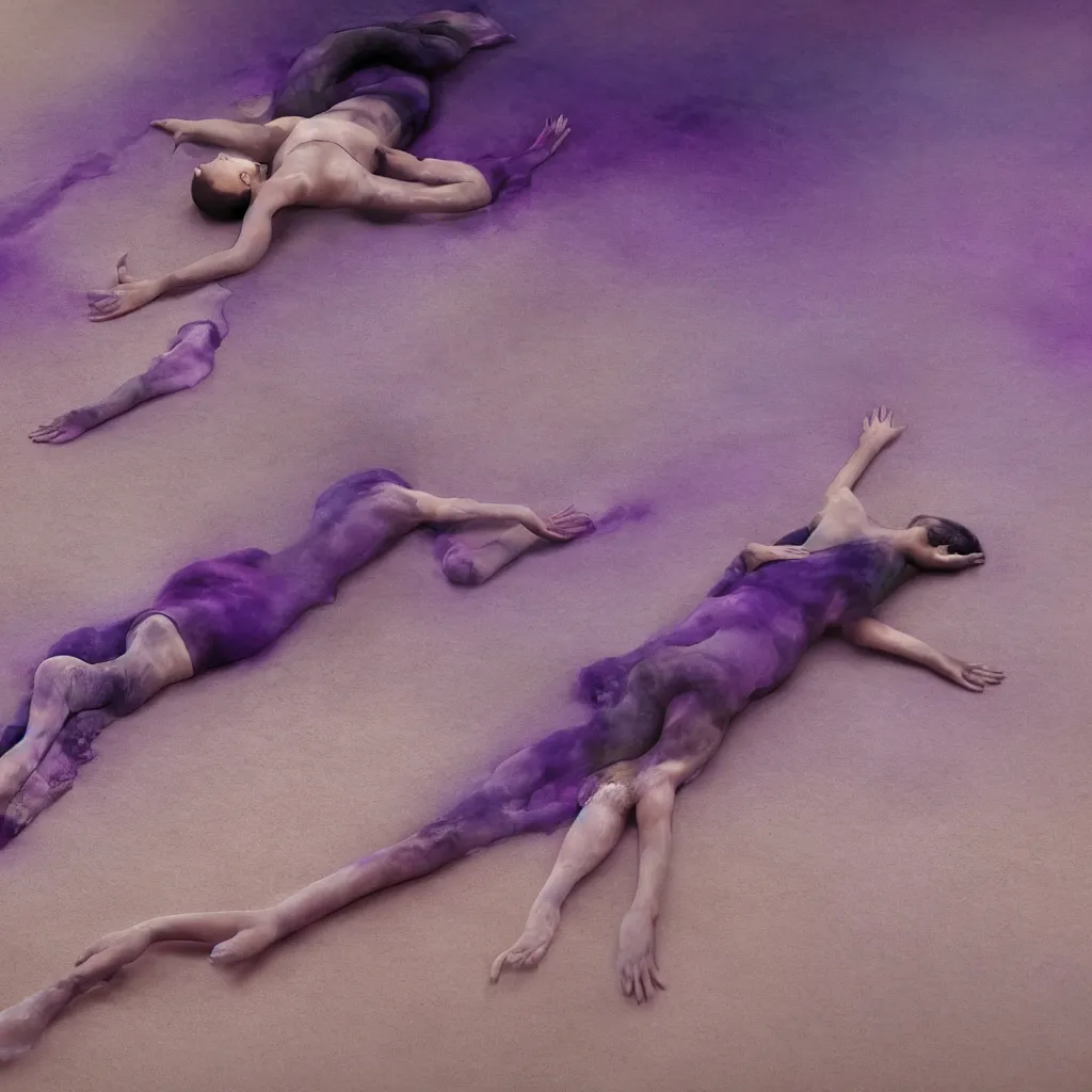 Prompt: close - up view of iridiscent oil spill in desert sand tempest with women corpses connected by cables and computers to wax forms to a buried baby relaxing on yoga mat, faded, purple gradient, dust, purple fog, depth of field, by werner herzog, hans bellmer and nadav kander, 8 k, sad atmosphere, cinematic