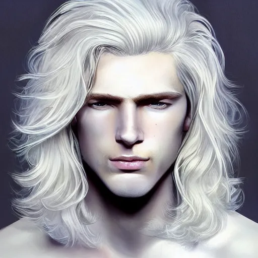 Prompt: Pale blond Lucius with closed eyes smiling, clean shaven young androgynous, very detailed sharp angular masculine face, hooked nose and square jaw, long fluffy curly blond hair, very very very extremely light blond hair, gorgeous, beautiful, intricate, highly detailed, digital painting, artstation, concept art, sharp focus, illustration, art by greg rutkowski and alphonse mucha