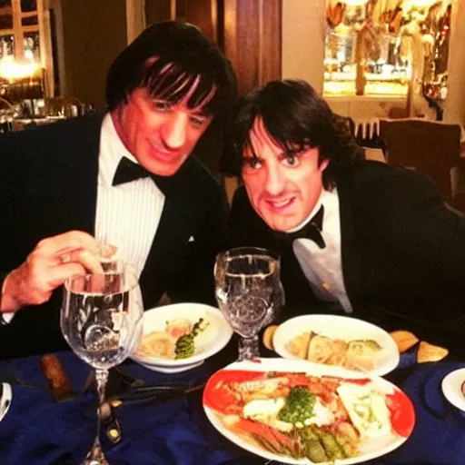 Image similar to lord farquad having a lovely dinner with sylvester stallone