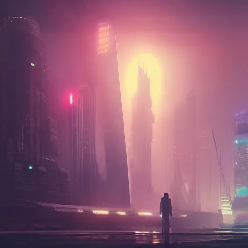 Image similar to cinematic view, giant futuristic cyberpunk spacecraft with small character silhouette in the foreground, blade runner, dense fog, bloom, cinematic contrasted lighting, ultra detailed, trending on artstation