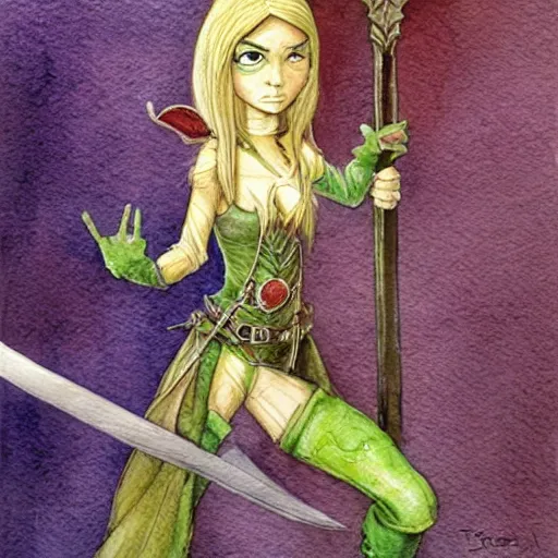Prompt: a female elf holding a sword, a watercolor painting by tony diterlizzi, fantasy art, concept art