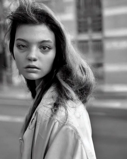 Prompt: photography from 7 0 s, close - up portrait of young fashion model face, soft light, golden hour, in style of street photography from 1 9 7 0