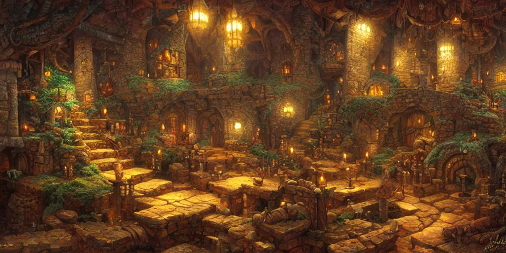 Prompt: intricate dwarven workshop, gemstone deposit, mining, detailed, soft lighting, fantasy artwork, thomas kinkade, jeff easley