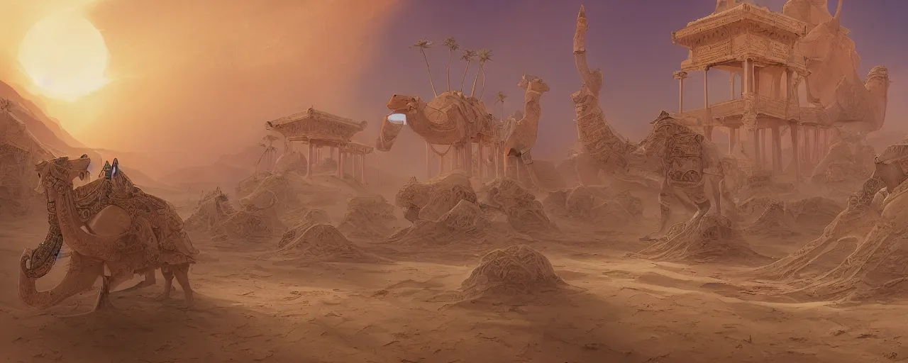 Prompt: painting of priestesses of the ancient camel temple, sandstorm, sand dunes, camel god, barren sands, desolate, forgotten, by ArtGerm and Justin Cheung and Makoto Shinkai, insanely detailed and intricate, ornate, elegant, award winning, vermillion and cyan, sunset, maximalist, trending on Artstation, matte painting, interior scene, camel statue, ritual circle, temple rites