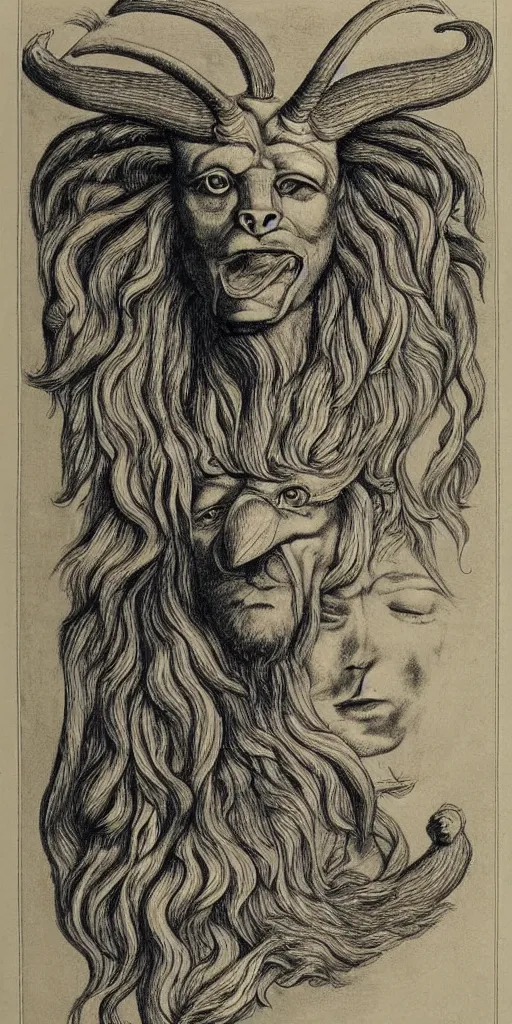 Image similar to human / eagle / lion / ox hybrid. horns, beak, mane, human body. drawn by da vinci