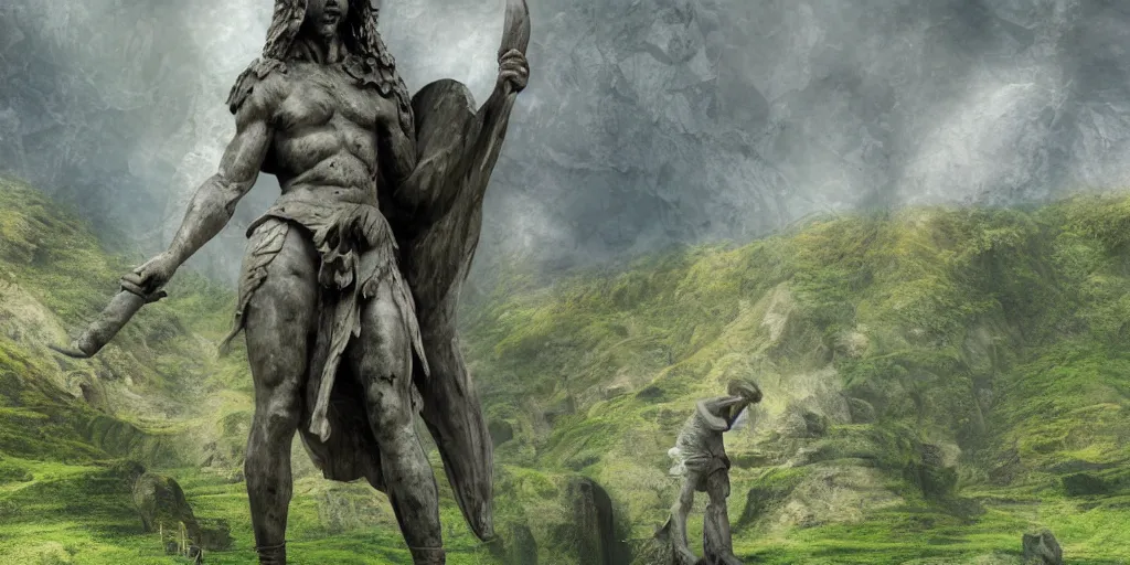 Prompt: A giant marble statue of a warrior in the middle of a green valley between the mountains, detailed digital matte painting