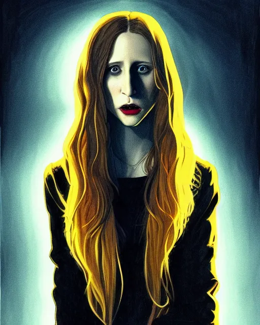 Prompt: in the style of Joshua Middleton, moody lighting, beautiful evil vampire Taissa Farmiga sharp bloody vampire fangs open mouth, yellow eyes, symmetrical eyes, realistic face, symmetrical face, brown leather jacket, jeans, long black hair, full body